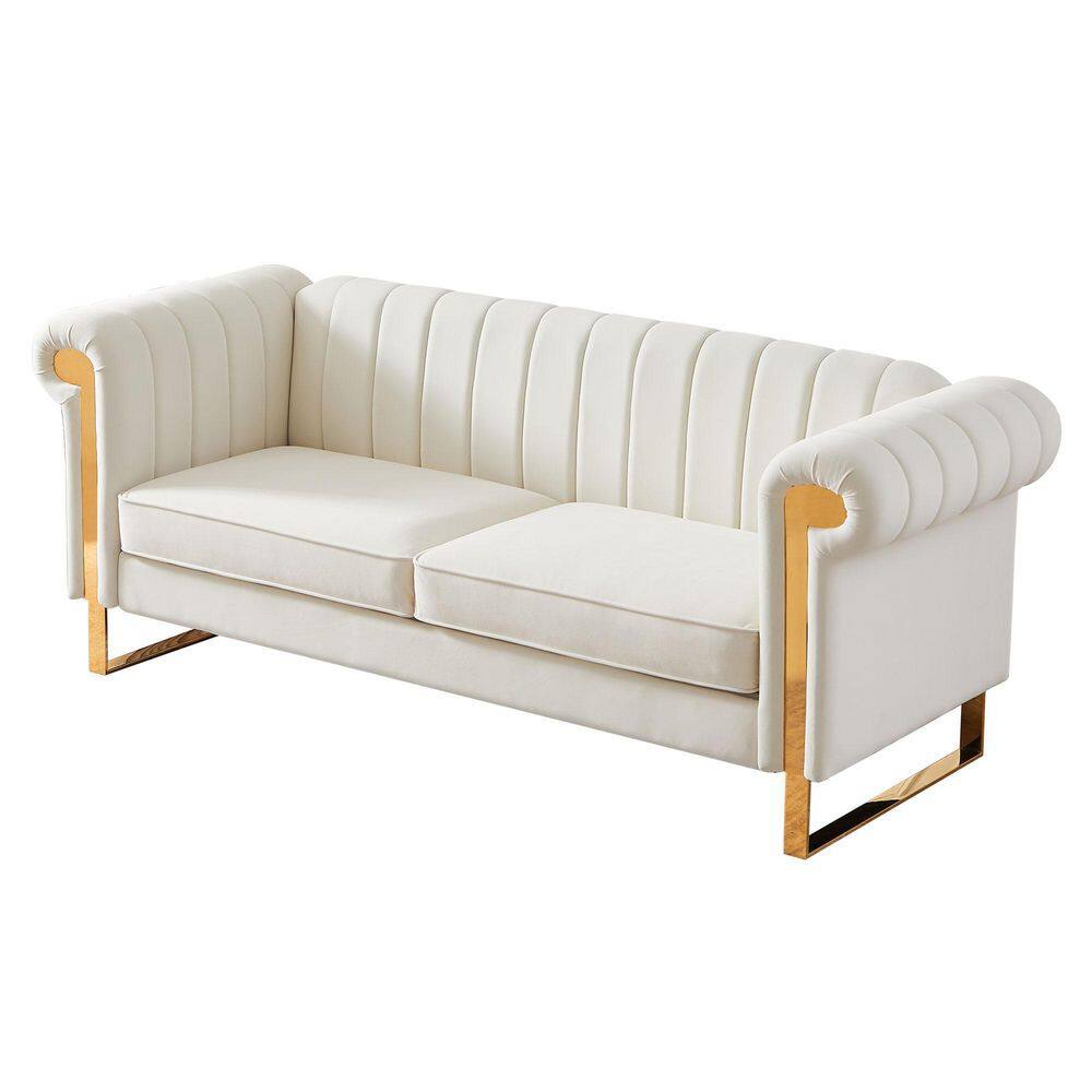 83 in. W Rolled Arm Velvet Straight Halloween Sofa Couch with Gold Stainless Steel Arm and Legs in White