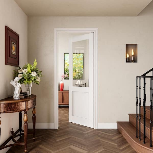 28 in. x 80 in. 1/2-Lite Clear Glass Left Handed White Solid Core MDF Prehung Door with Quick Assemble Jamb Kit