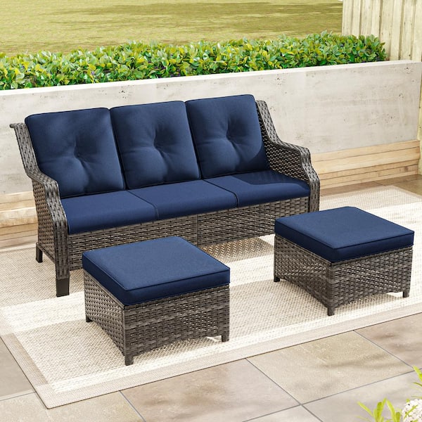 JOYSIDE Wicker Outdoor Patio Sofa Sectional Set with Blue Cushions and Ottoman