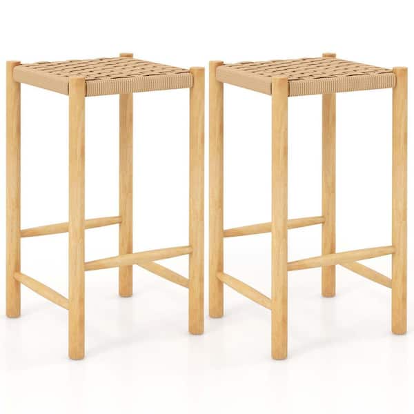 Costway 26 in. Dining Bar Stool Counter Height with Rubber Wood Woven Saddle Seat Set of 2