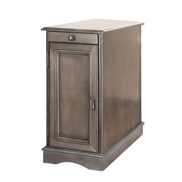 William's Home Furnishing Lilith I Side Table with Built-in USB Outlet, Pull-out Cup Holder and Storage Cabinet in Gray Finish