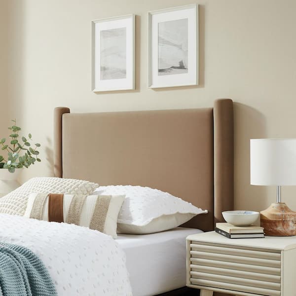 MODWAY Rael Twin Upholstered Headboard with Pillars in Taupe
