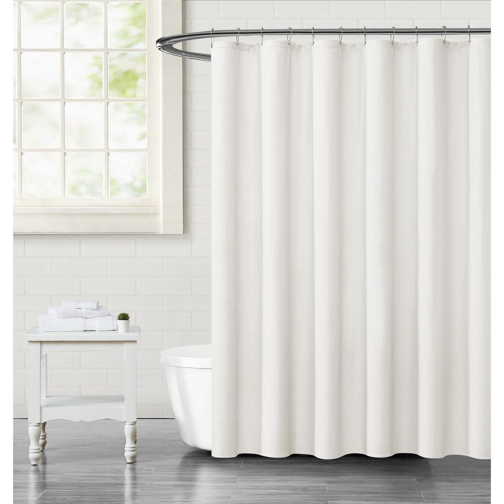 TRULY CALM Embossed Fabric 70 in. x 72 in. White Microfiber Shower ...