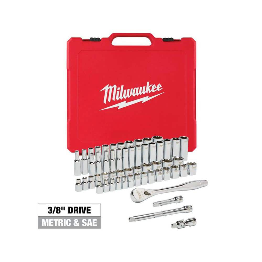 Milwaukee 3/8 in. Drive SAE/Metric Ratchet and Socket Mechanics Tool Set  (56-Piece) 48-22-9008 - The Home Depot