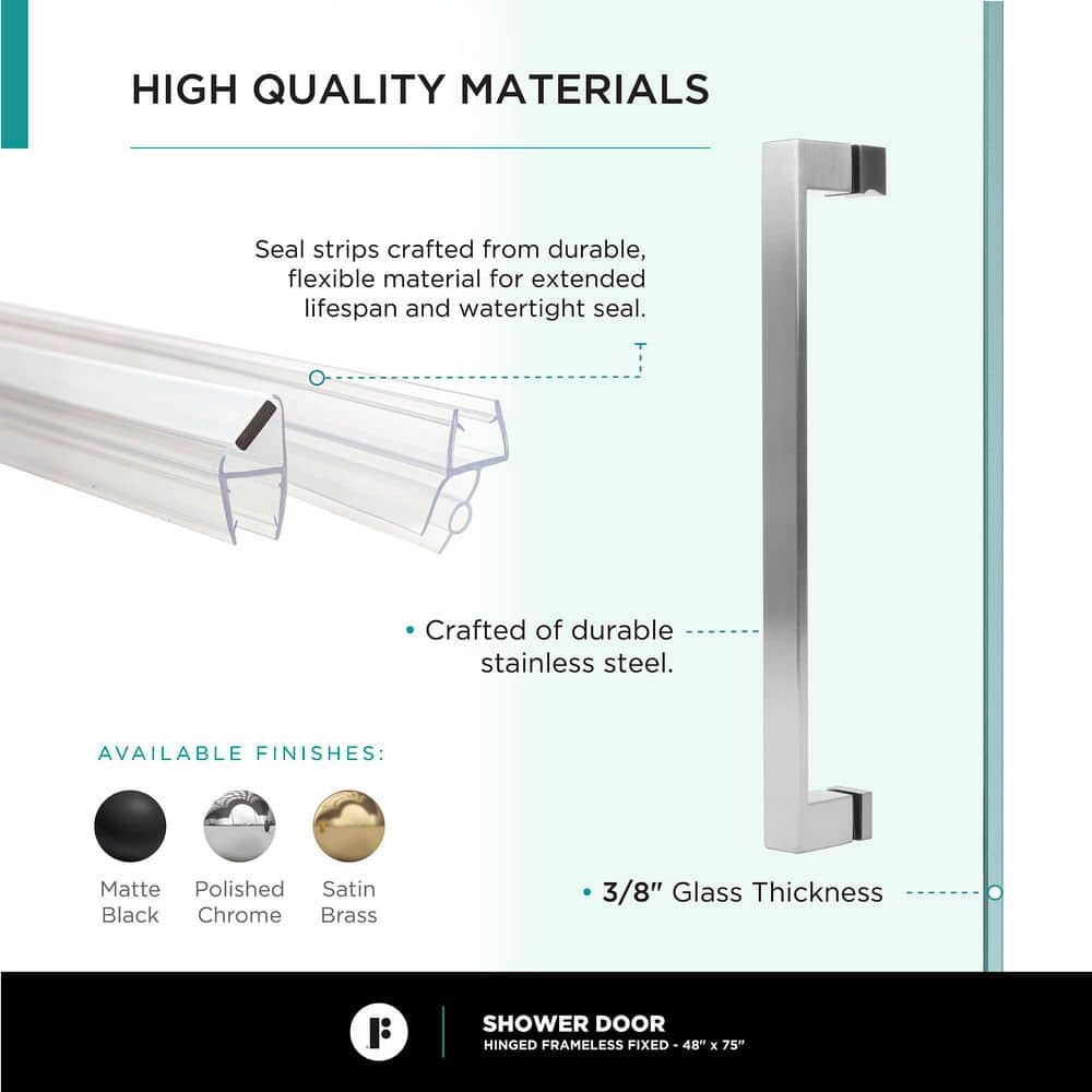 42'' Polished Chrome Hinged Frameless Shower Door with Clear Tempered Glass
