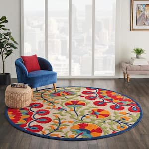 Aloha Easy-Care Red/Multicolor 8 ft. x 8 ft. Round Floral Modern Indoor/Outdoor Patio Area Rug