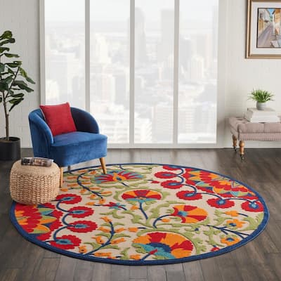 Aloha Easy-Care Red/Multicolor 8 ft. x 8 ft. Floral Modern Indoor/Outdoor Round Area Rug