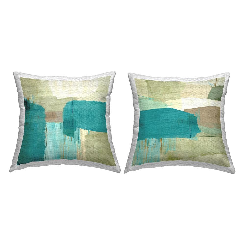 Teal and Beige Abstract Square Outdoor Throw Pillow Set
