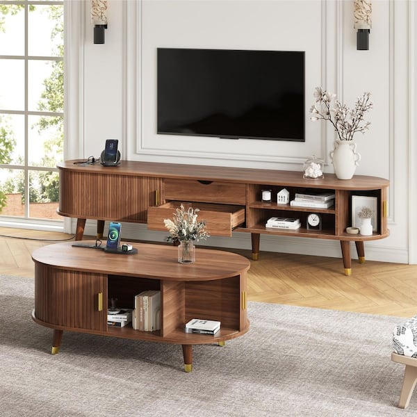 Walnut Finish TV Stand Entertainment Center Fits TVs Up to 80 in. with Charging Station Sliding Doors and Coffee Table