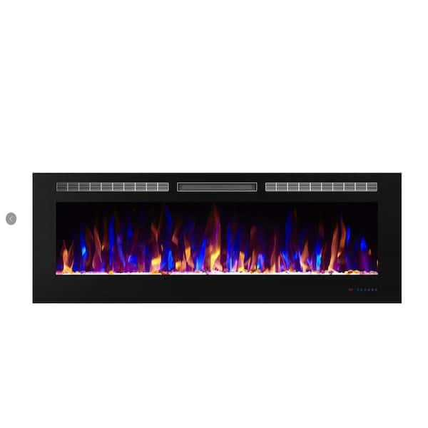 Black 60 in. 400 Sq. Ft. Recessed and Wall Mounted Electric Fireplace with Logs and Crystals