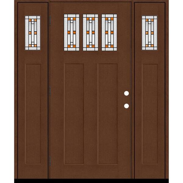 Steves & Sons Regency 64 in. x 80 in. 3Lite Amberton Deco Glass RHOS Chestnut Stain Fir Fiberglass Prehung Front Door w/Dbl 12in.SL