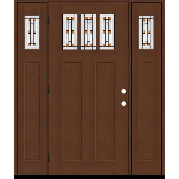 Steves & Sons Regency 68 in. x 80 in. 3Lite Amberton Deco Glass RHOS Chestnut Stain Fir Fiberglass Prehung Front Door w/Dbl 14in.SL