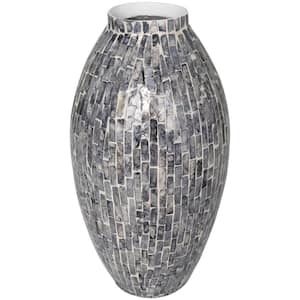 15 in. Gray Handmade Mosaic Inspired Mother of Pearl Shell Decorative Vase
