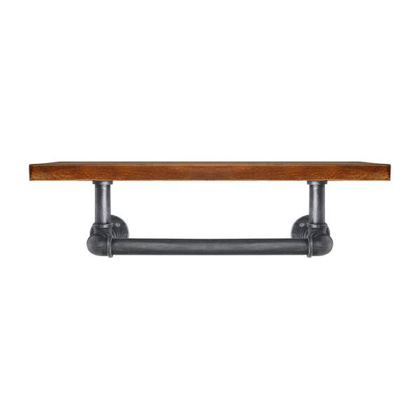 Today's Mentality Manchester Industrial Floating Silver Brushed Gray Pipe Wall Shelf with Walnut Wood