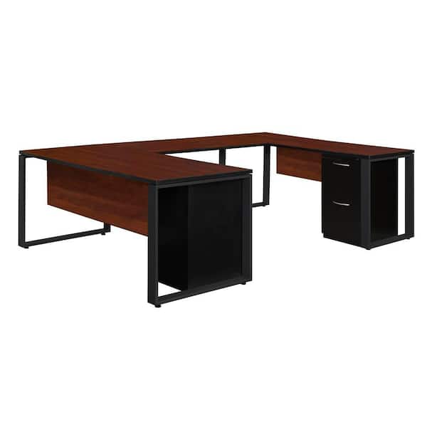 Regency Caranna 66 in. x 30 in. Cherry/Black Double Metal Pedestal U-Desk with 42 in. Bridge