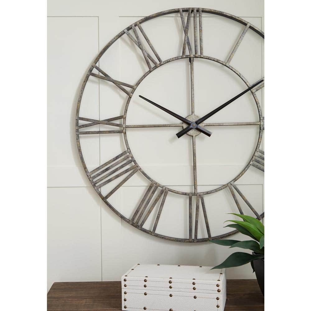 Oversized Antique Silver Metal Roman Numeral Wall Clock