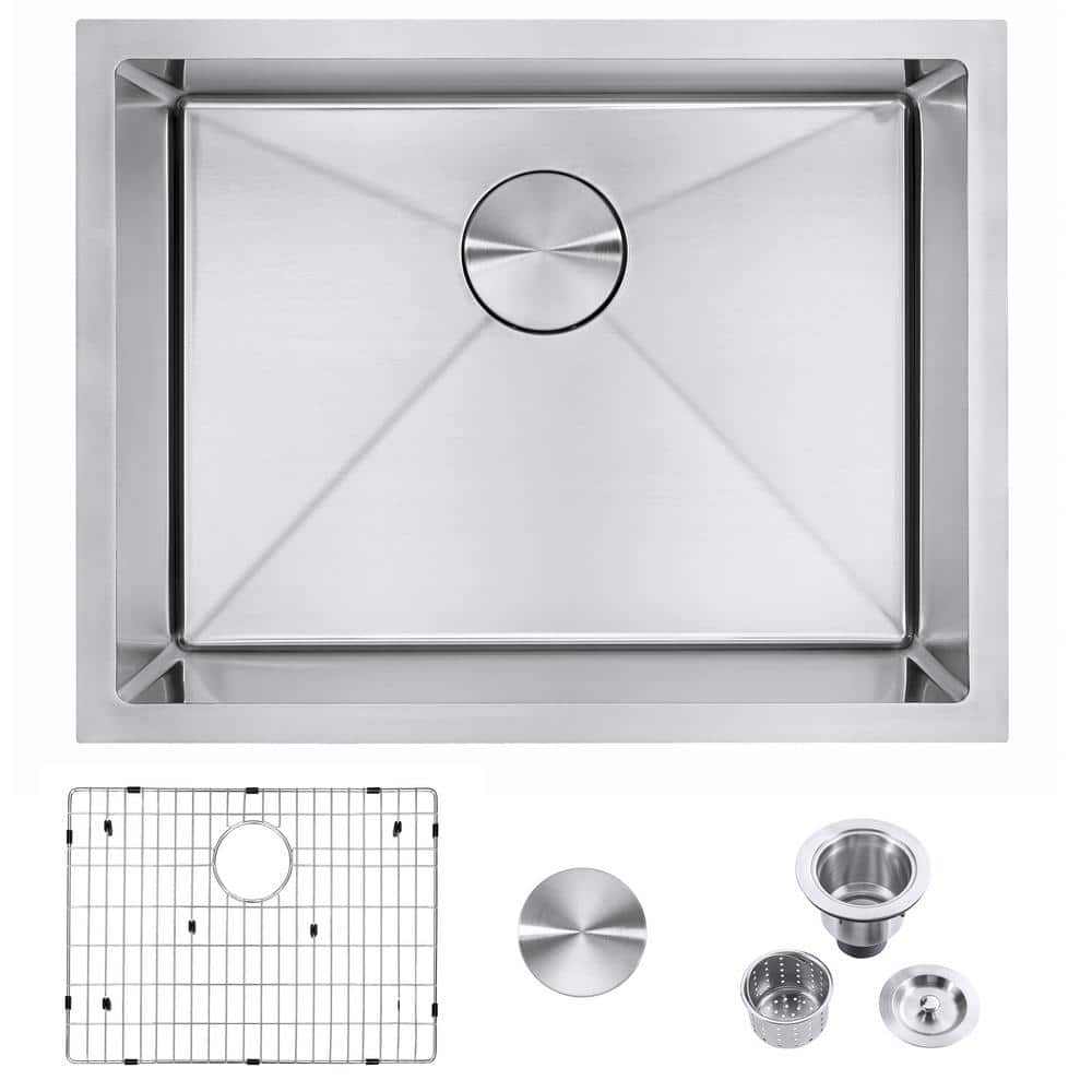 23 in. Undermount Single Bowl 18 Gauge Stainless Steel Kitchen Sink with  Strainer and Bottom Grids ZhuSink2318 - The Home Depot