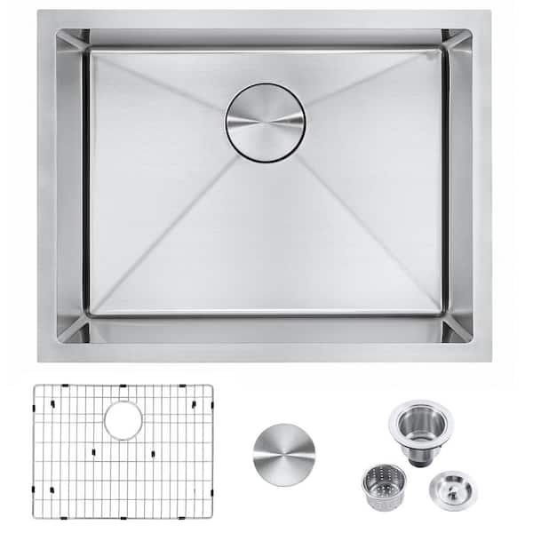 Unbranded 23 in. Undermount Single Bowl 18 Gauge Stainless Steel Kitchen Sink with Strainer and Bottom Grids
