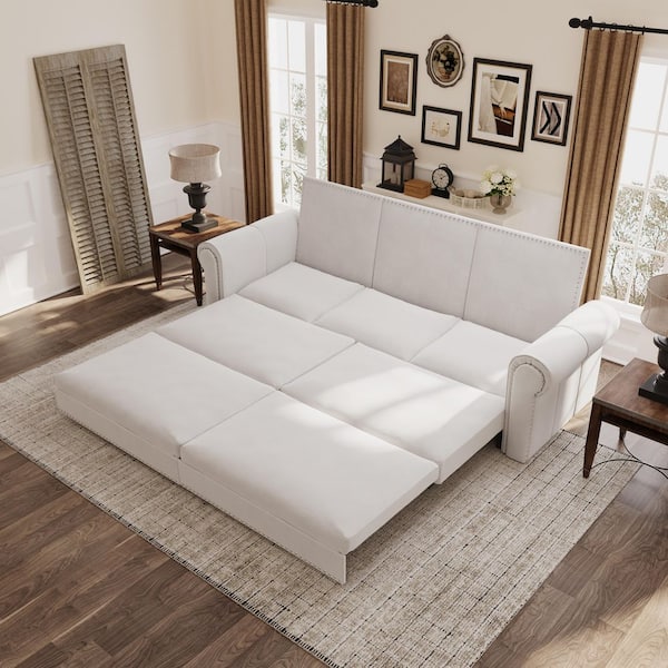 3-in-1 Convertible 94 in. W Beige Velvet King Sleeper Sofa Bed with 3-Pillowsfor Living Room and Bedroom