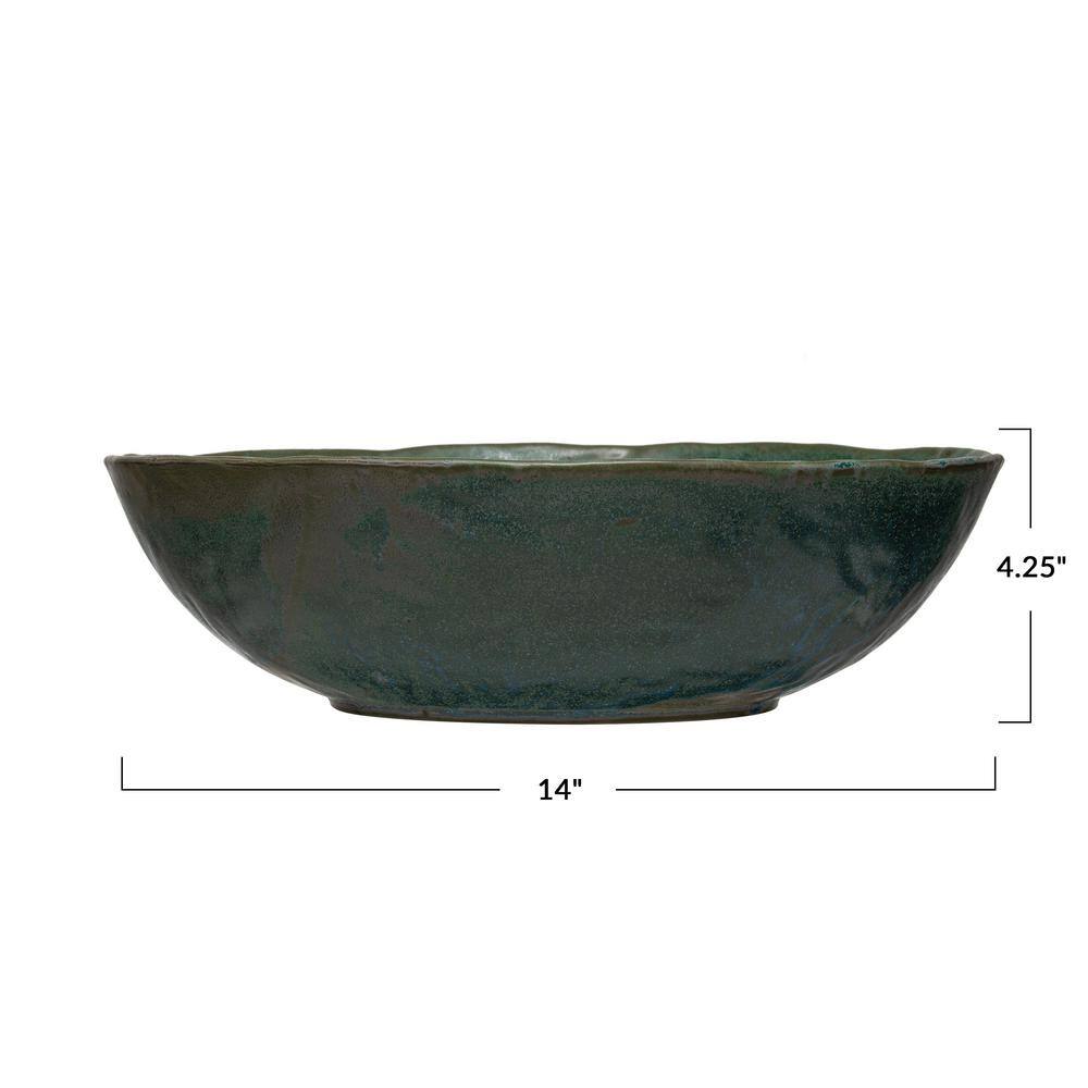 Matte Green Reactive Glaze Ceramic Serving Bowl, 14"
