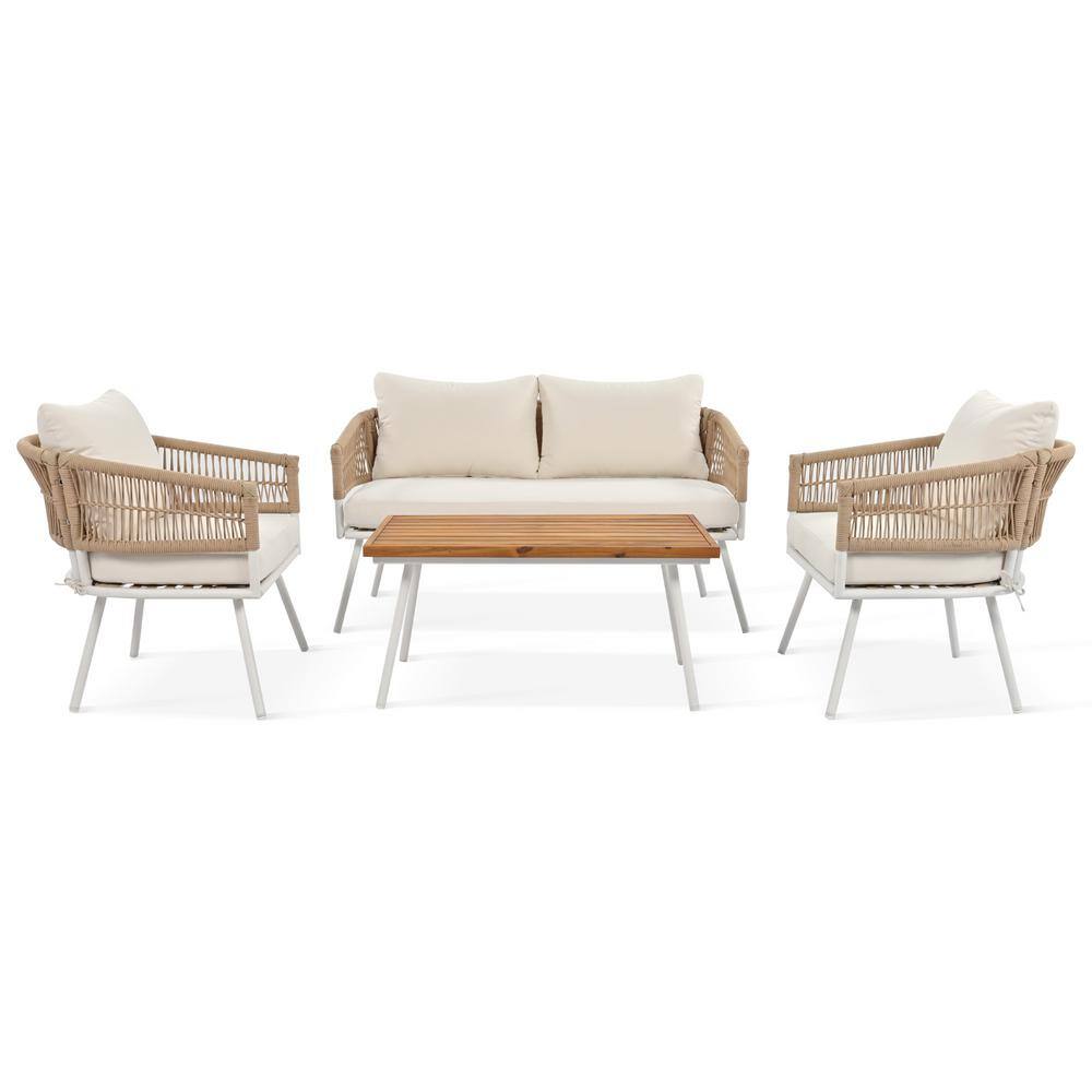 4-Piece Beige Boho Rope Patio Conversation Set with Acacia Wood Table, Deep Seating with Thick Cushion forBackyard Porch price history on PriceWatchPro