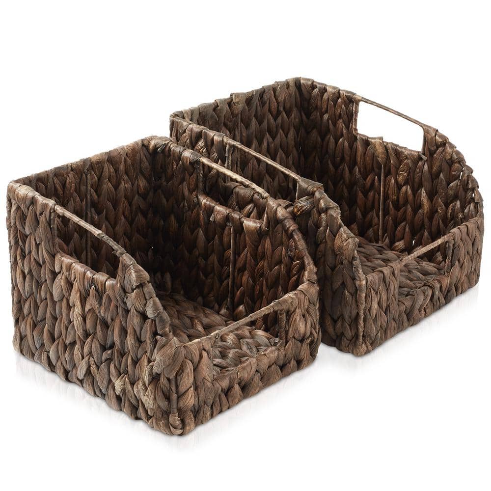 Espresso Water Hyacinth Rectangular Storage Baskets with Handles, Set of 2