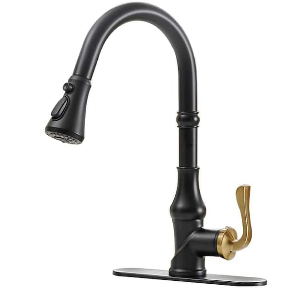 BWE Single-Handle Pull-Down Sprayer 3 Spray High Arc Kitchen Faucet With Deck Plate in Matte Black & Gold