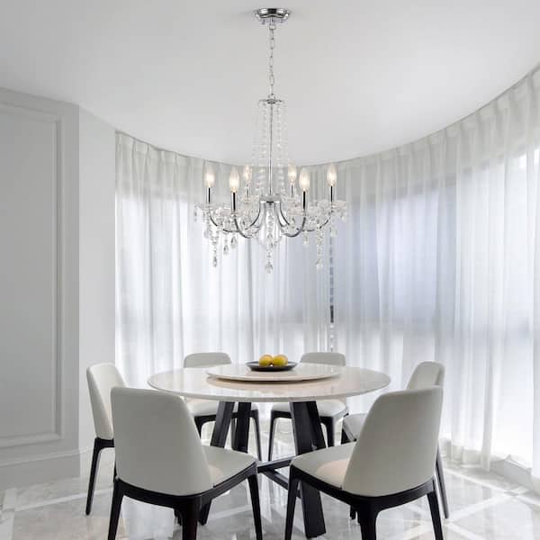 6-Light Chrome Classic Candlestick Crystal Hanging Linear Chandelier Lighting for Dining Room Kitchen Island