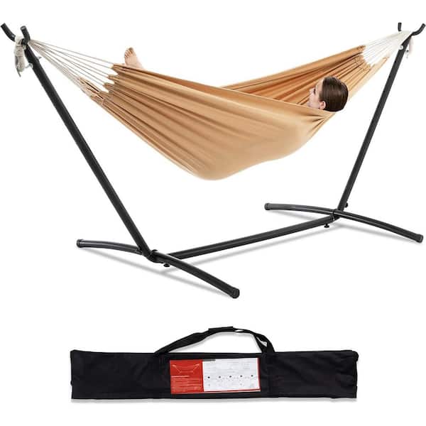 Unbranded 9 ft. 2-Person Heavy Duty Double Hammock with Space Saving Steel Stand, 450 lbs. Capacity and Carrying Bag in Wheat