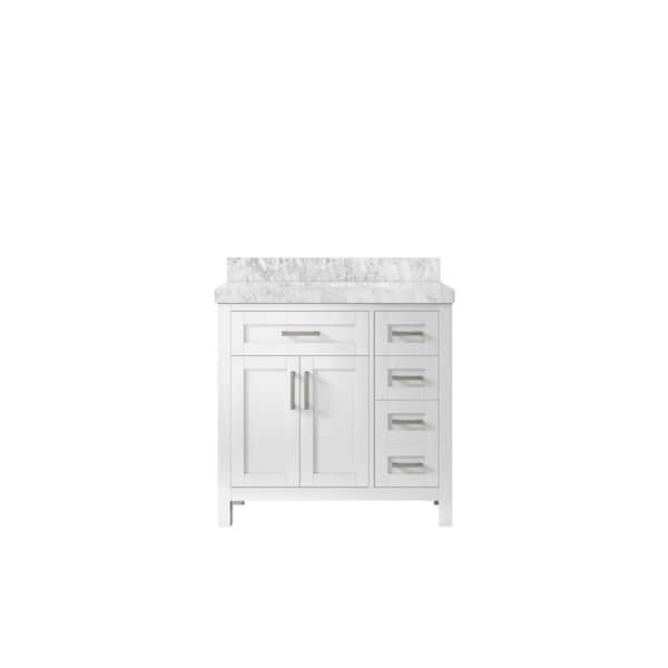 Willow Collections Cambridge 36 in. W x 22 in. D x 36 in. H Center Sink Bath Vanity in White with 2 in. Carrara Marble Top