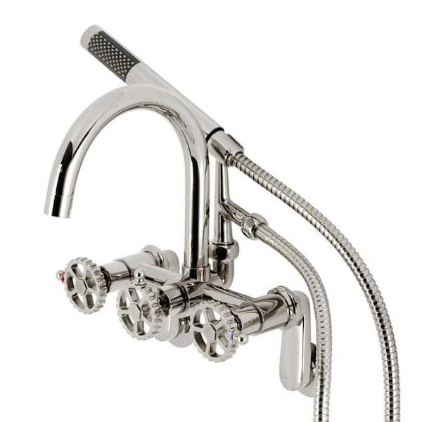 Kingston Brass Fuller 3-Handle Wall-Mount Clawfoot Tub Faucet with Hand Shower in Polished Nickel