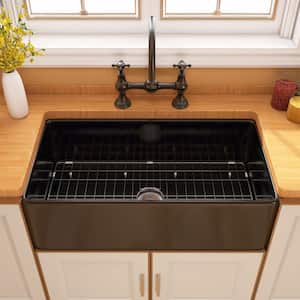 33 in. Black Undermount Single Bowl Fireclay Farmhouse Kitchen Sink wihr Bottom Grid and Kitchen Sink Drain