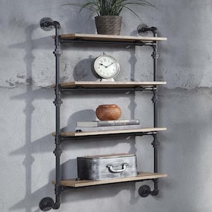Urbane 4-Tiered Industrial Aged Wood Print MDF and Metal Pipe Floating Wall Shelf 28 in. W. x 9 in. Corner Molding