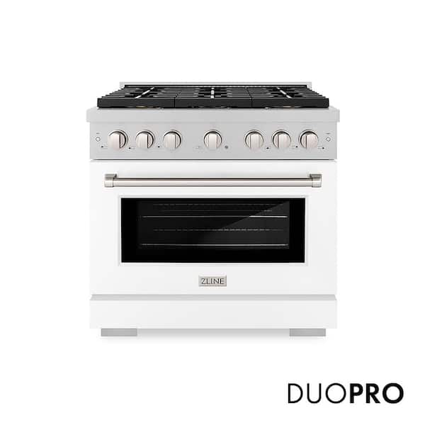 36 in. 5.2 cu. ft. Paramount Dual Fuel Range with 6 Burner DuoPro Cooktop in Satin Stainless Steel with White Matte