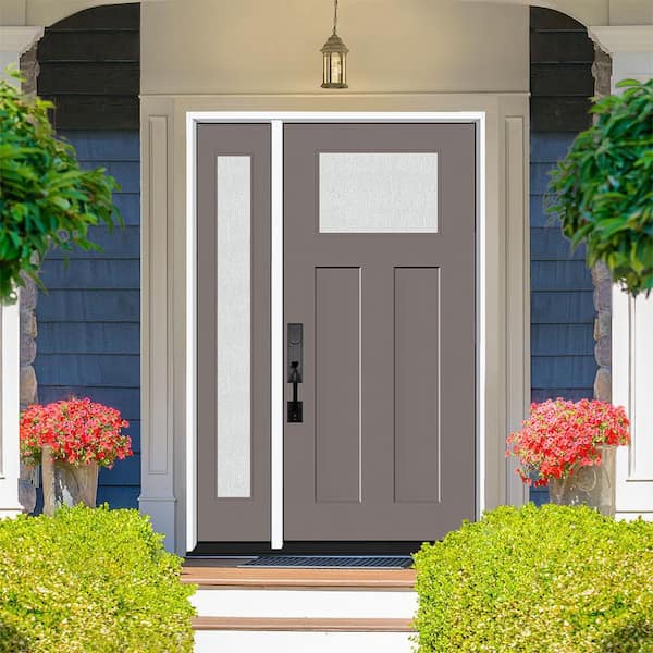 Legacy 53 in. x 80 in. 1/4 Toplite Rain Glass RHIS Primed Kindling Finish Fiberglass Prehung Front Door with 14 in. SL