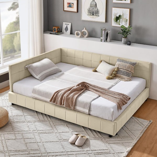 Vela Beige Frame Modern Upholstered Velvet Full Size Platform Bed with Tufted, Eucalyptus Wood
