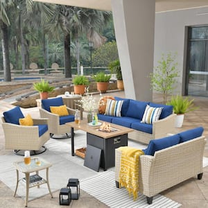 Camellia E Beige 6-Piece Wicker Patio New Style Fire Pit Seating Set with Navy Blue Cushions and Swivel Rocking Chairs