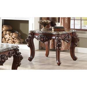 30 in. Walnut Brown Rectangle Marble End Table with Carved Floral Motifs