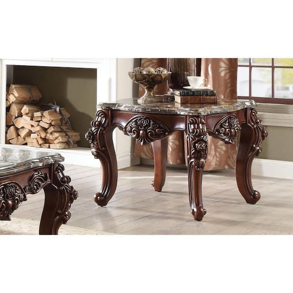 Benjara 30 in. Walnut Brown Rectangle Marble End Table with Carved Floral Motifs