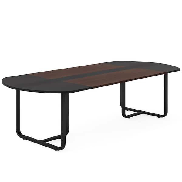 BYBLIGHT Roesler Modern Black and Walnut Wood 70.86 in. Sled Dining Table Oval Kitchen Table Seats 6-8