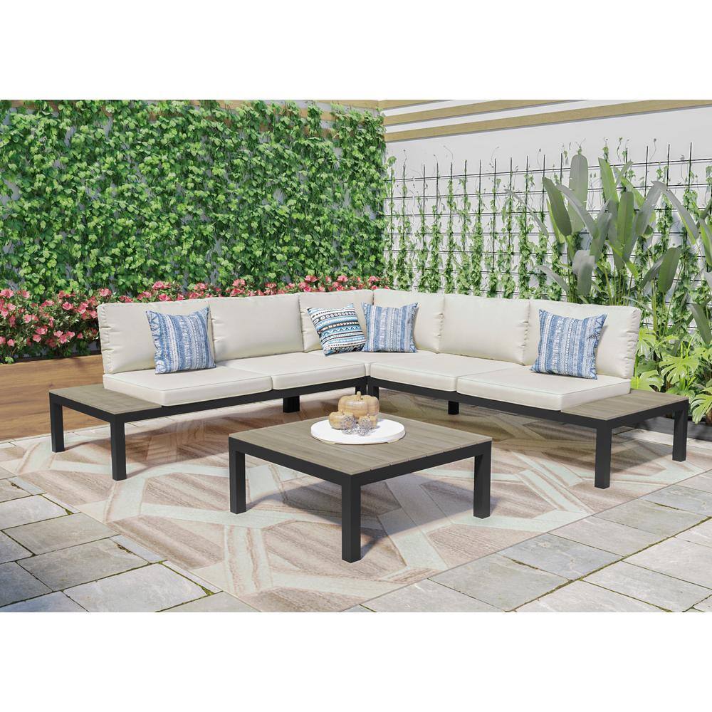 Light Gray Aluminum 5-Person Outdoor Sectional Set with Poly-Lumber Table