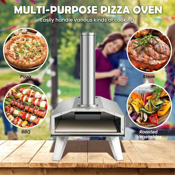 Outdoor Pizza Maker Stainless Steel Wood Pellet Pizza Oven w Accessories  Silver