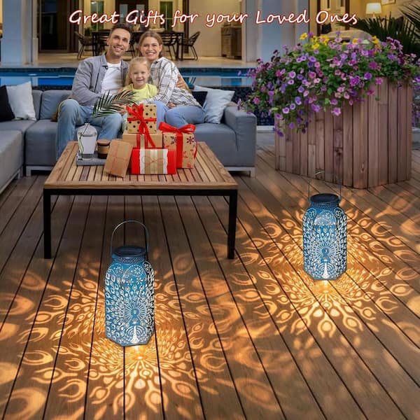 OGETFUUR 2-Pack Outdoor Blue Gold Solar Lanterns, Waterproof