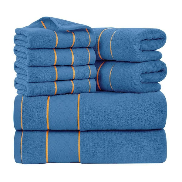 8-Piece Blue Cotton Bath Towel Set, Hotel Quality Bathroom Towels Set