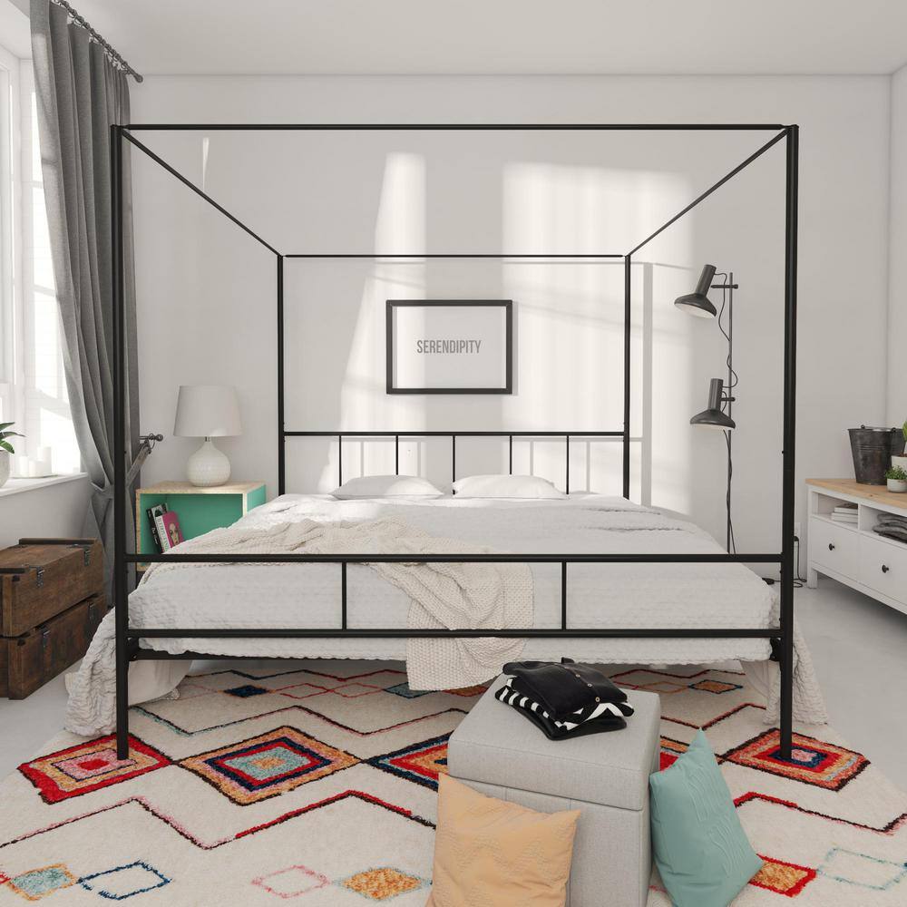 Marion King-Sized Black Metal Frame Canopy Bed with Headboard
