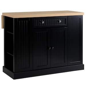 Black Wood 47.25 in. Fluted-Style Drawer Open Shelves Storage Kitchen Island Countertop with Drop Leaf