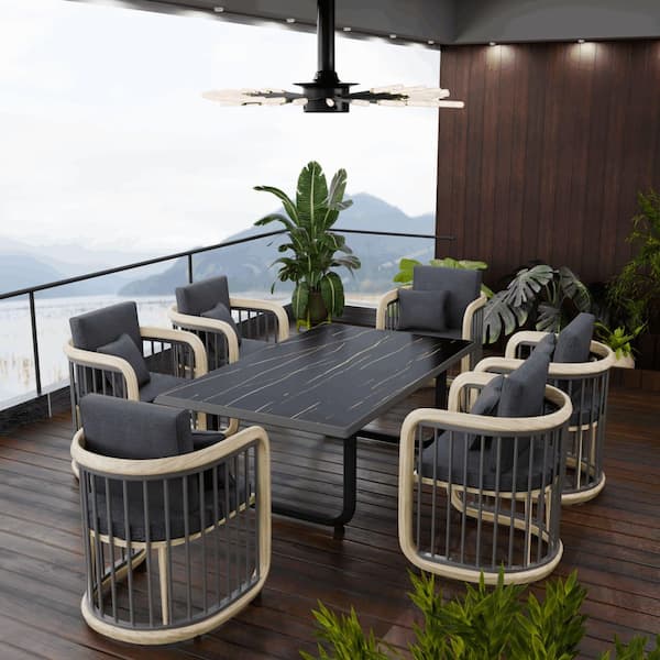 Klyra 7-Piece Aluminum Rectangular Outdoor Dining Set with Gray Olefin Cushions 6 Armchairs and Dining Table