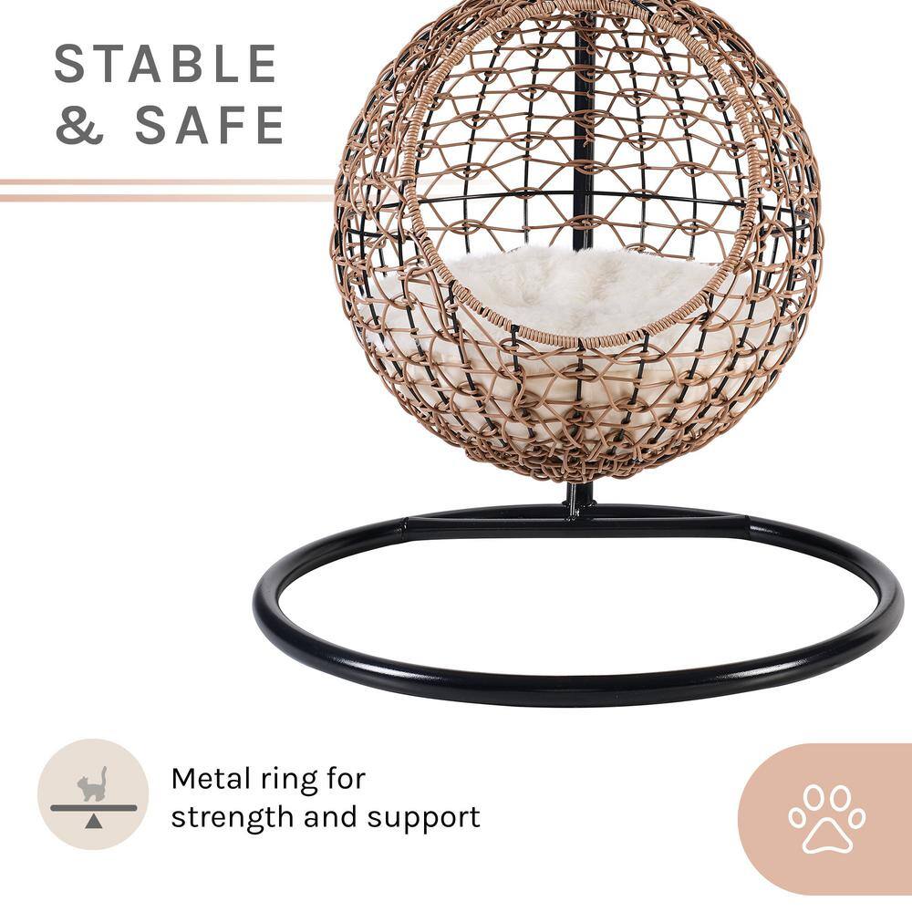 Medium Brown Rattan Hanging Egg Cat Condo with Cotton Cushion
