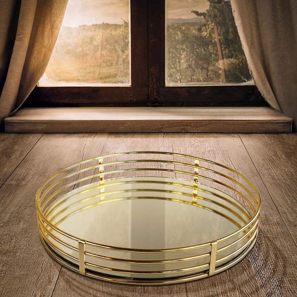 Gold Metal And Glass Round Serving Tray, Gold Round Coffee Table Tray