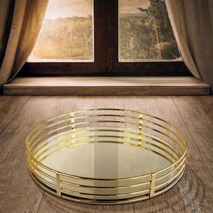 15 in. x 3 in. x 15 in. Gold Metal and Glass Round Serving Tray